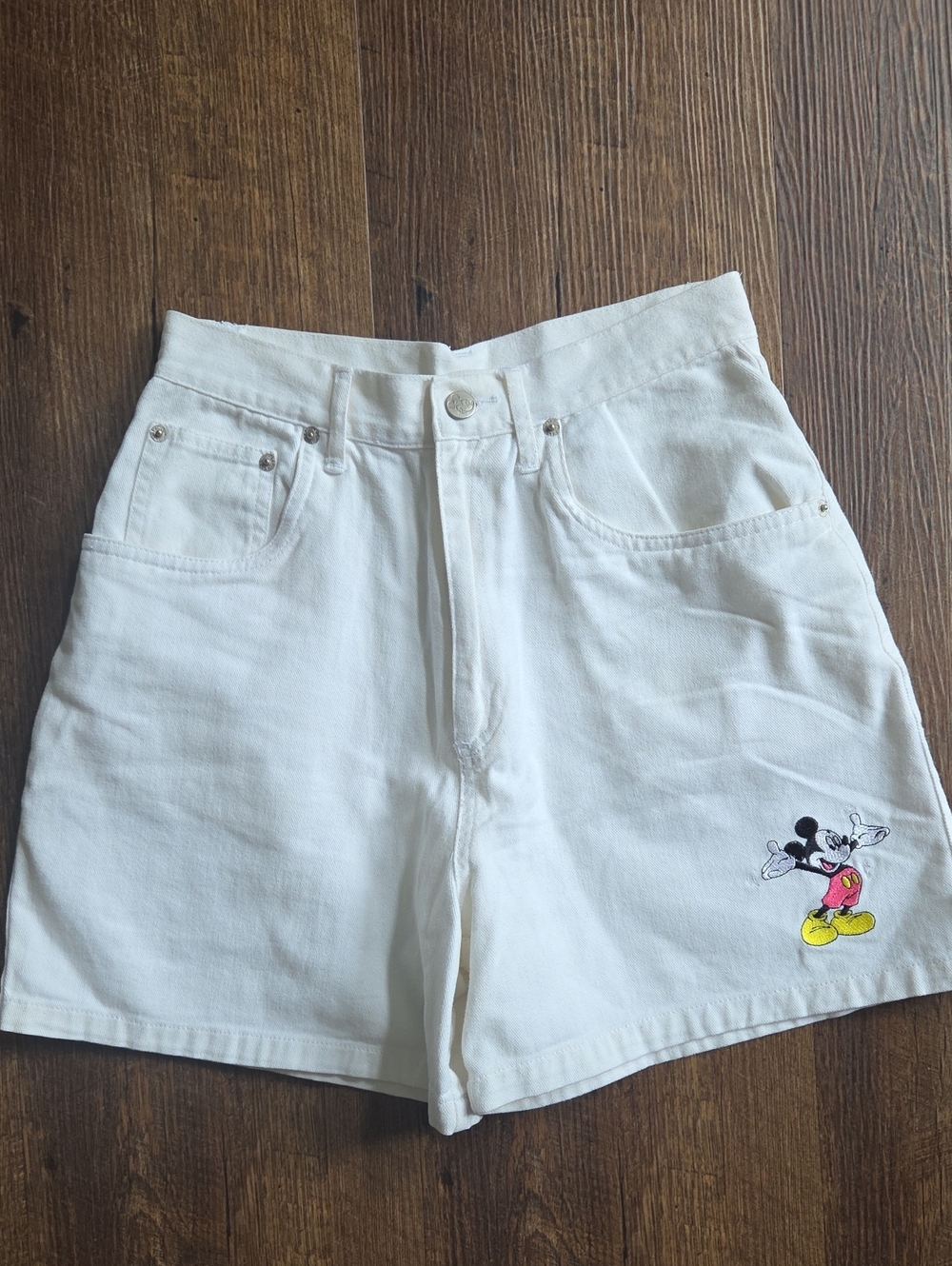 White Women's Denim Shorts with Embroidered Mickey Accent